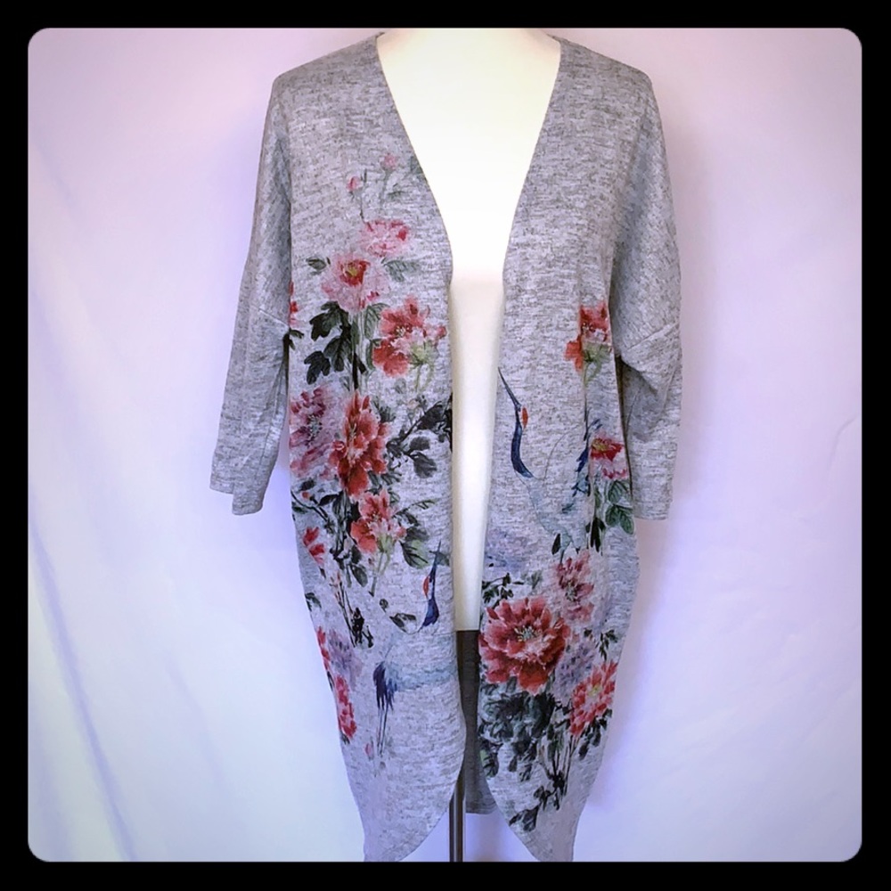 Ginger G Gray Open Front Cardigan Sweater Floral